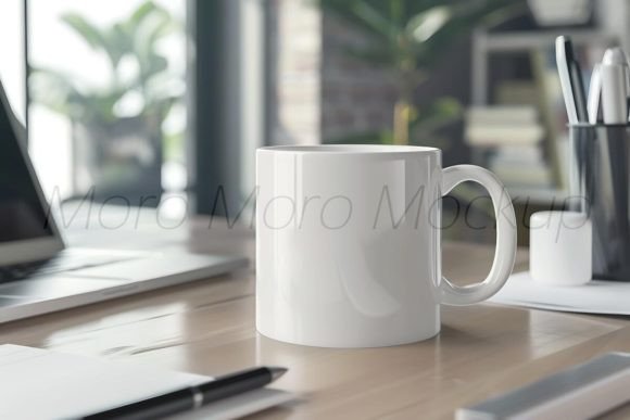 White Coffee Mug on Woking Desk Mockup