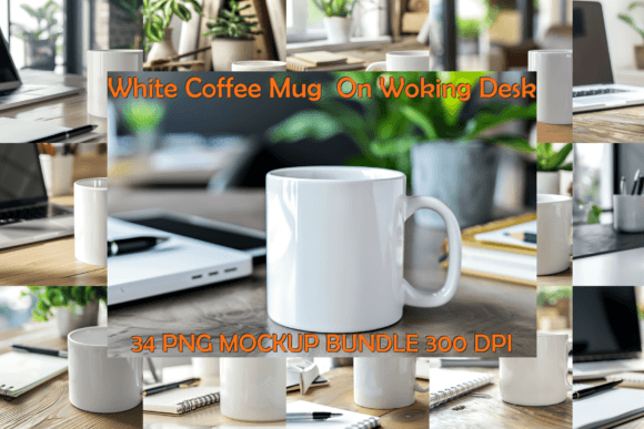 White Coffee Mug on Woking Desk Mockup Bundle